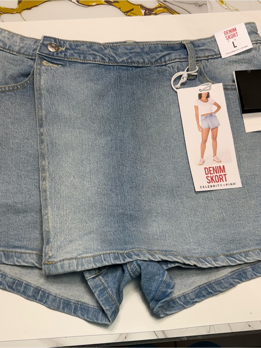 Celebrity Pink Light Blue Denim Skort with Wrap Front